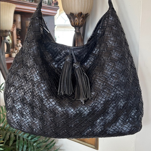 Patricia Nash Black Leather Braided Stitch Marcellina Hobo Bag Tassel Purse - Picture 3 of 16